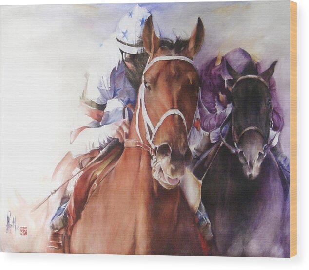 Race Horse Wood Print featuring the painting Neck And Neck by Alan Kirkland-Roath