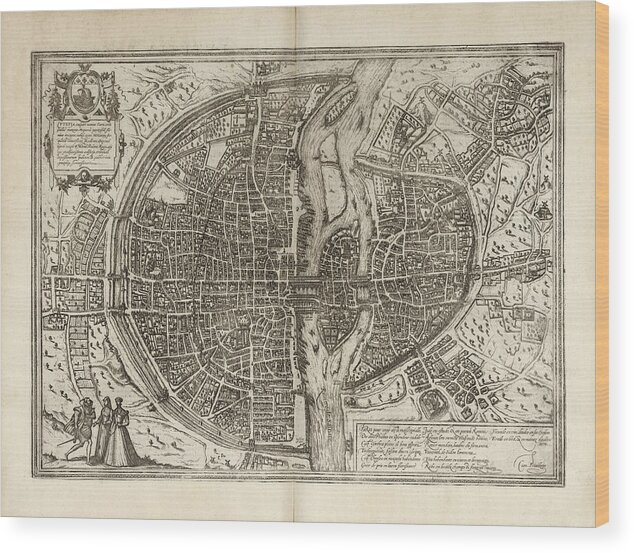 Paris Wood Print featuring the drawing Old Paris Map by Georg Braun and Franz Hogenberg - 1575 by Blue Monocle