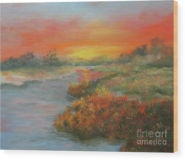 Landscape Wood Print featuring the painting Sunset on the Marsh by Roseann Gilmore