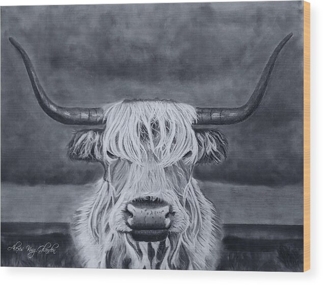 Highland Cow Wood Print featuring the drawing Moody Cow by Alexis King-Glandon
