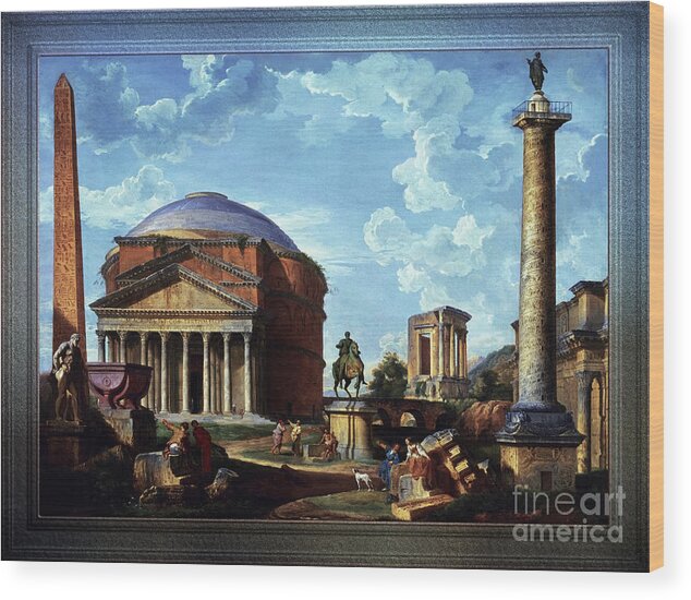 Architectural Fantasy Wood Print featuring the painting Fantasy View with the Pantheon and other Monuments of Old Rome by Rolando Burbon