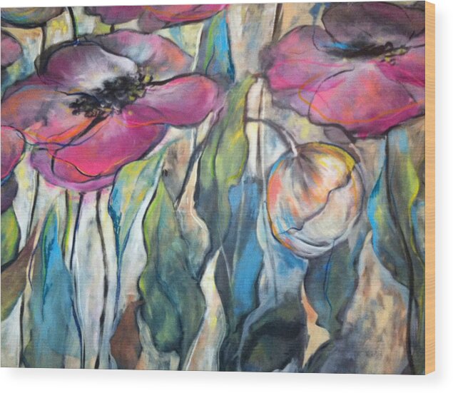 Poppies Wood Print featuring the mixed media Pink Poppies by Eleatta Diver