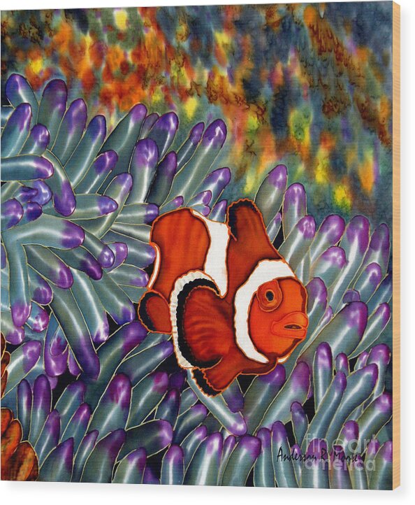 Ocean Wood Print featuring the painting Clown Fish In Hiding by Anderson R Moore