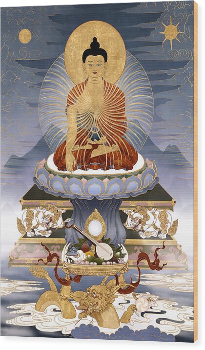 Shakyamuni Wood Print featuring the painting Shakyamuni Buddha - The Dragons Story by Ben Christian