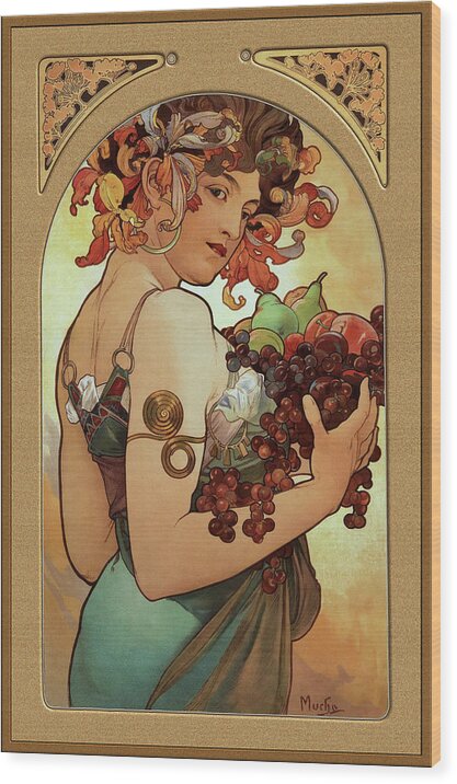 Fruit Wood Print featuring the painting Fruit by Alphonse Mucha by Rolando Burbon