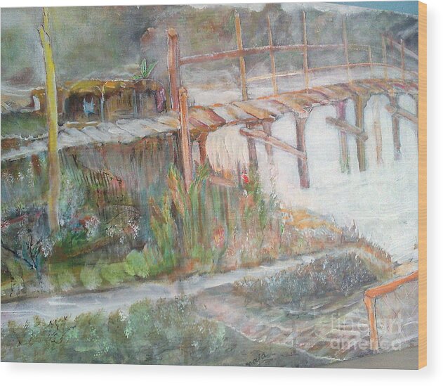 Landscape Wood Print featuring the painting Call of the bridge by Subrata Bose