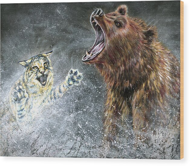 Grizzly Painting Wood Print featuring the painting The Brawl by Teshia Art