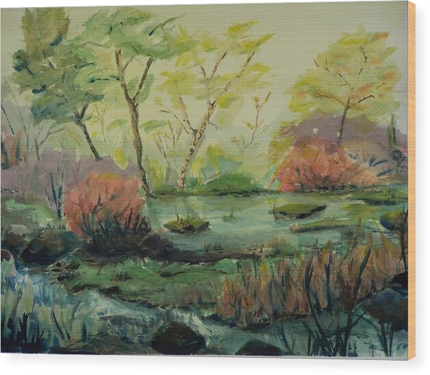 Foggy Morning Wood Print featuring the painting Roadside Pond by Barbara McGeachen