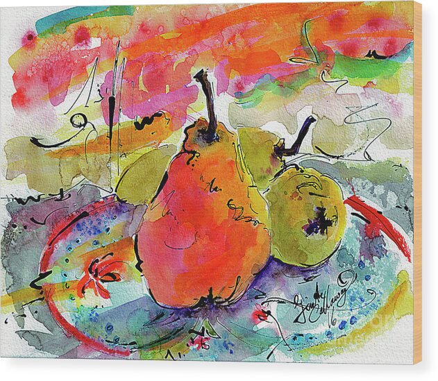 Pears Wood Print featuring the painting French Pears Watercolor and Ink Whimsical Art by Ginette Callaway