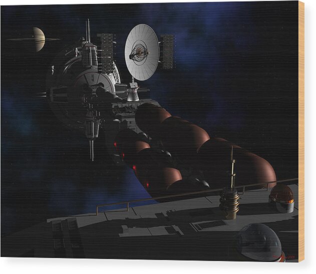 Spaceship Wood Print featuring the digital art In sight of Saturn by David Robinson