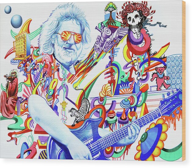 Jerry Garcia Wood Print featuring the drawing Jerry Garcia-Captain Trips by Joshua Morton