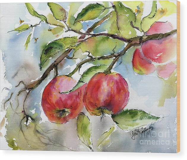 Apples Wood Print featuring the painting Red Apples and Bees Tree Branch by Ginette Callaway