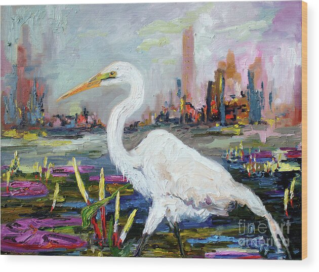 Animals Wood Print featuring the painting White Heron and City Skyline by Ginette Callaway