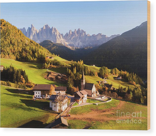 Dolomites Wood Print featuring the photograph Aerial view of famous town in autumn, Dolomites, Italy by Matteo Colombo
