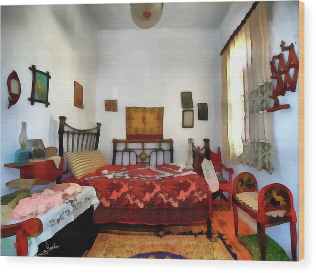 Greek House Traditional Bedroom Wood Print featuring the painting Greek house traditional bedroom by George Rossidis
