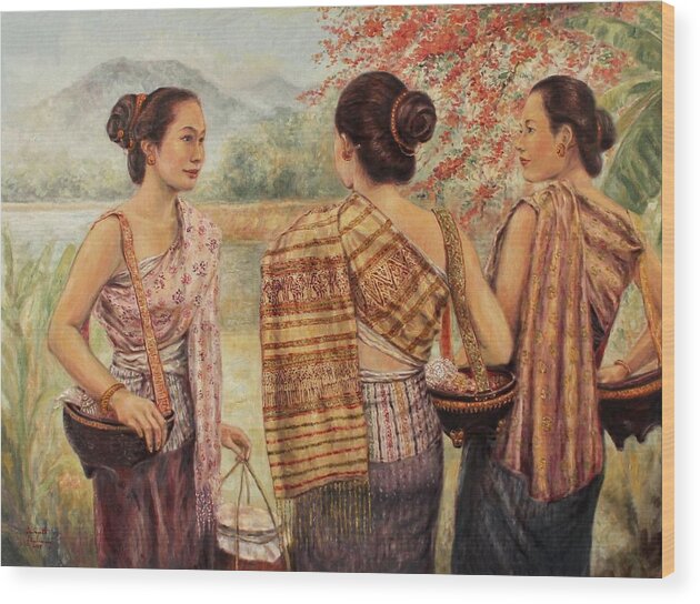 Luang Prabang Wood Print featuring the painting Ladies Meeting by Sompaseuth Chounlamany
