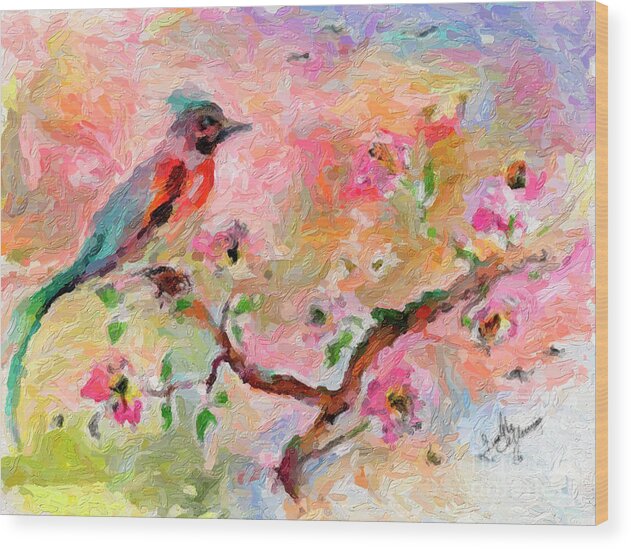 Birds Wood Print featuring the digital art Song Bird and pink blossoms Digital Impressionism by Ginette Callaway