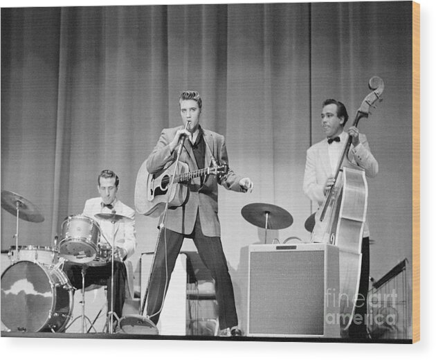 Elvis Presley Wood Print featuring the photograph Elvis Presley with D.J. Fontana and Bill Black 1956 by The Harrington Collection