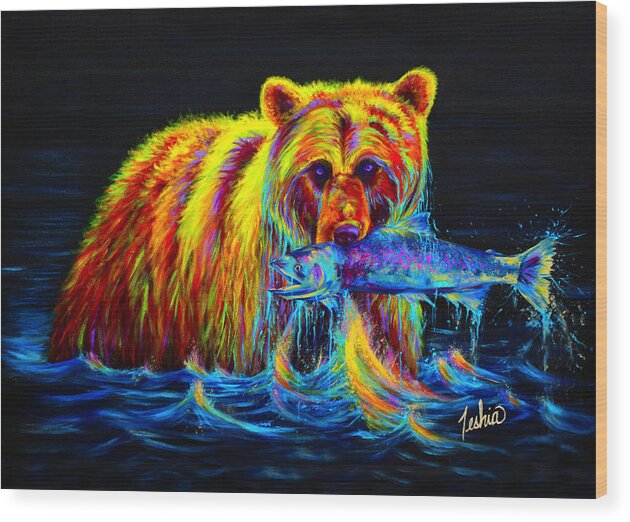 Grizzly Wood Print featuring the painting Night of the Grizzly by Teshia Art