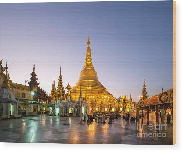Golden Wood Print featuring the photograph Shwedagon pagoda at sunrise - Yangon by Matteo Colombo