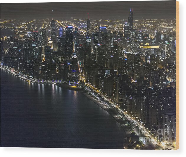 Chicago Wood Print featuring the photograph Chicago Night Skyline Aerial Photo #13 by David Oppenheimer