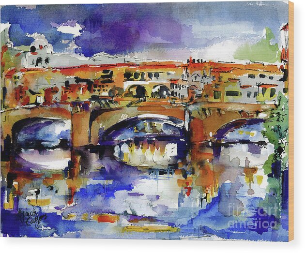 Watercolors Wood Print featuring the painting Florence Italy Ponte Vecchio Watercolor by Ginette Callaway
