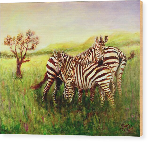 Zebra Wood Print featuring the painting Zebras at Ngorongoro Crater by Sher Nasser