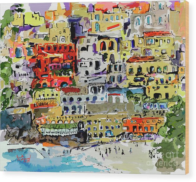 Abstract Amalfi Coast Wood Print featuring the mixed media Abstract Modern Positano Houses by Ginette Callaway