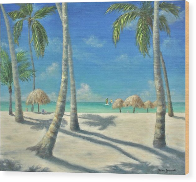 Tropical Beach Wood Print featuring the painting Morning on the Beach by Alan Zawacki