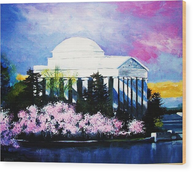 Cherry Blossoms Wood Print featuring the painting Blossoms at the Jefferson Memorial by Al Brown