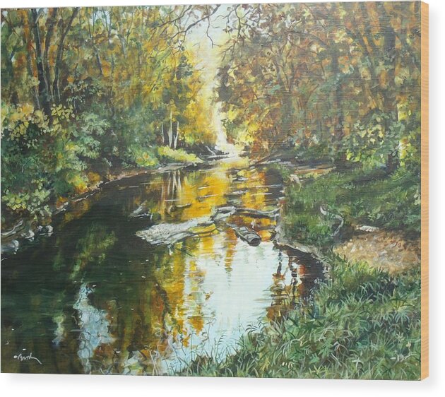 Landscape Wood Print featuring the painting Golden Stream by William Brody