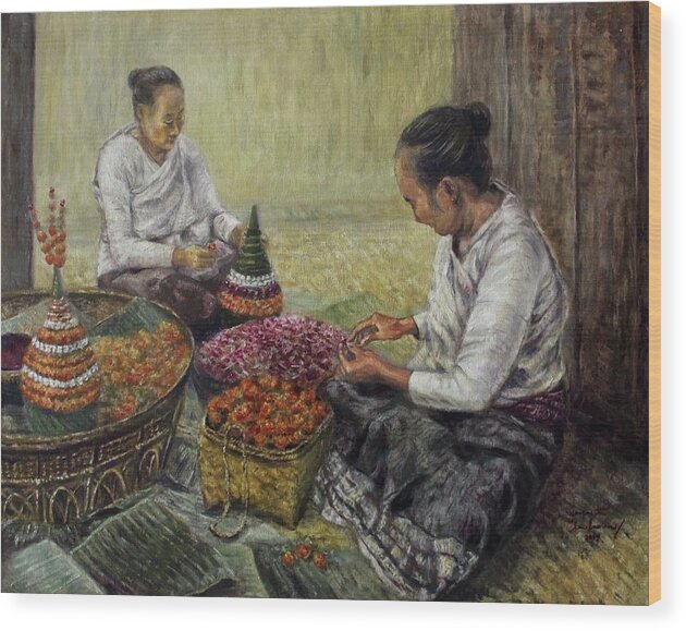 Luang Prabang Wood Print featuring the painting Preparing Flowers Offerings by Sompaseuth Chounlamany