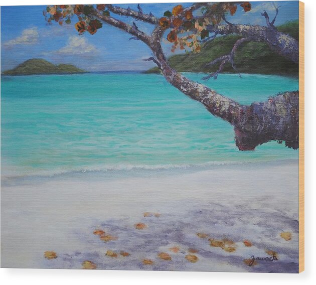 Caribbean Painting Print Wood Print featuring the painting Under the Tree at Magen's Bay by Alan Zawacki