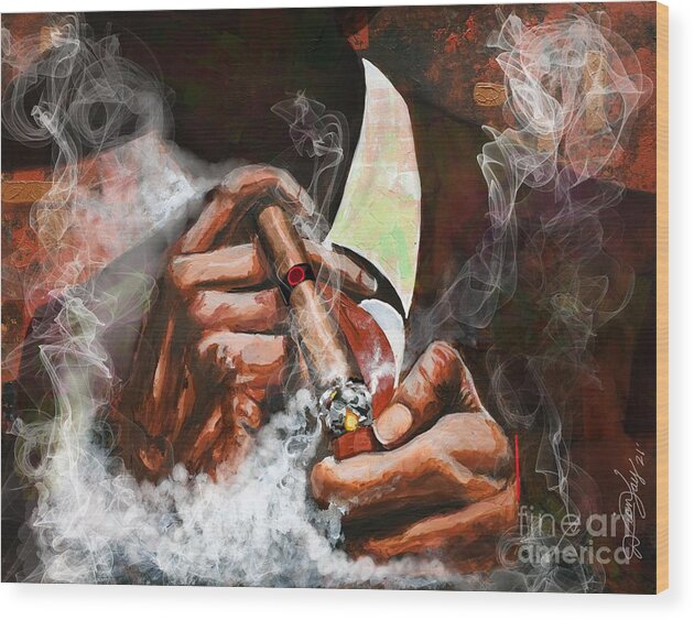 Cigar Wood Print featuring the painting Light Em Up by Dion Pollard