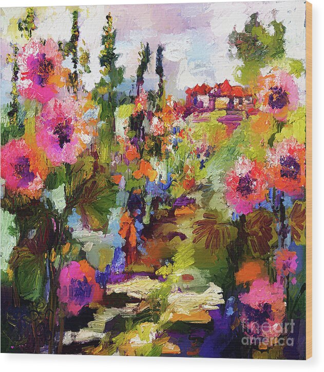 Gardens Wood Print featuring the painting Hollyhock Garden Path Modern Impressionism by Ginette Callaway
