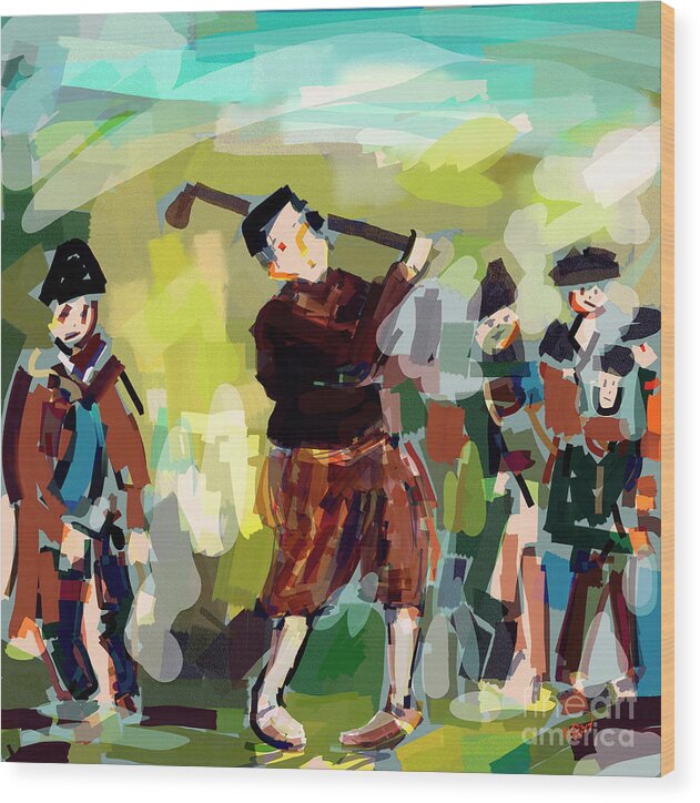 Golf Wood Print featuring the digital art Abstract Vintage Golfer Modern Sports Art by Ginette Callaway