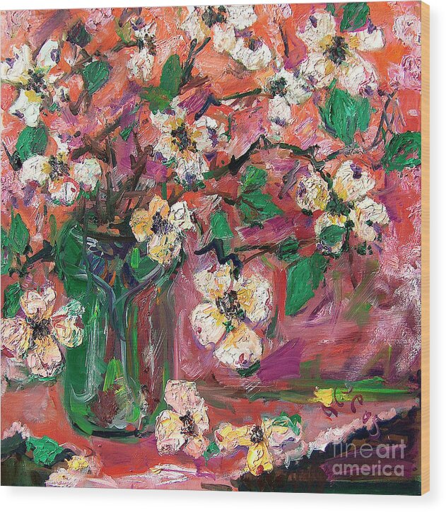 Flower Oil Paintings Wood Print featuring the painting Georgia Dogwood Flowers Still Life Oil Painting by Ginette Callaway
