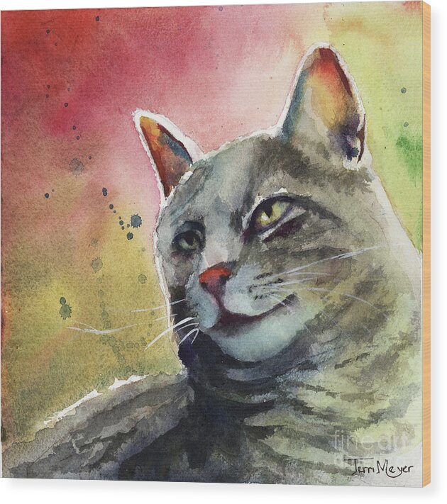 Watercolor Cat Painting Wood Print featuring the painting Handsome Napoleon by Terri Meyer