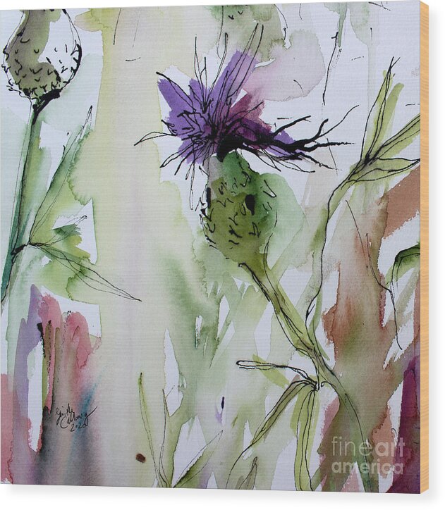 Thistles Wood Print featuring the painting Thistles Modern floral Art Watercolor and Ink by Ginette by Ginette Callaway