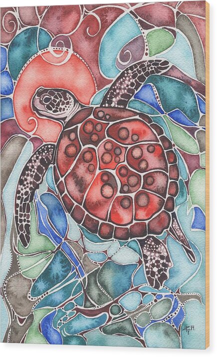 Sea Wood Print featuring the painting Sea Turtle by Tamara Phillips