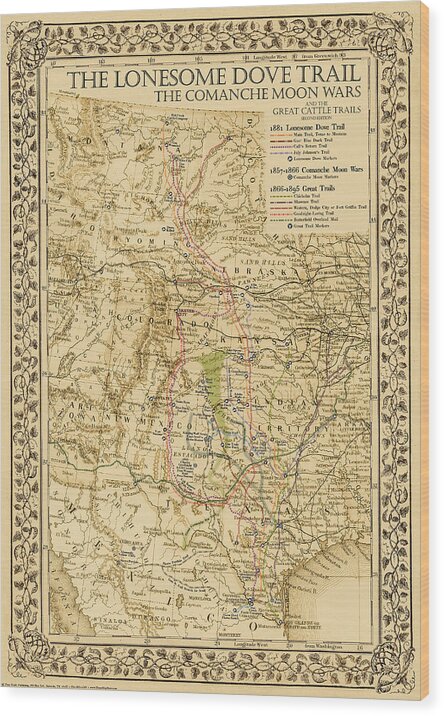 Lonesome Dove Map Wood Print featuring the drawing 1881 Lonesome Dove Map by Texas Map Store