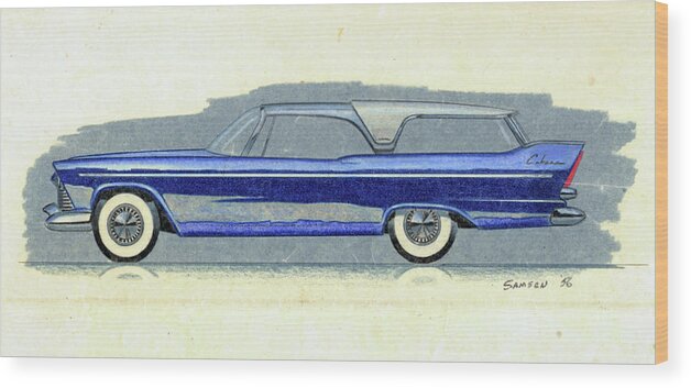 Car Concept Wood Print featuring the drawing 1957 PLYMOUTH CABANA station wagon styling design concept sketch by John Samsen