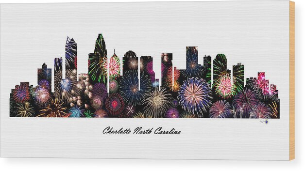 Fine Art Wood Print featuring the digital art Charlotte North Carolina Fireworks Skyline by Gregory Murray