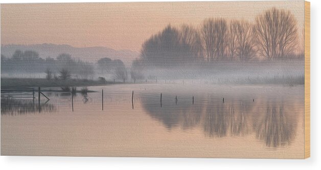 Landscape Wood Print featuring the photograph Landscape of lake in mist with sun glow at sunrise digital painting #2 by Matthew Gibson