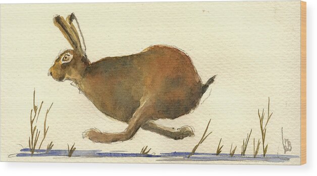 Running Wood Print featuring the painting Running hare #2 by Juan Bosco