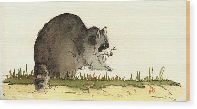 Raccoon Wood Print featuring the painting Raccoon #8 by Juan Bosco
