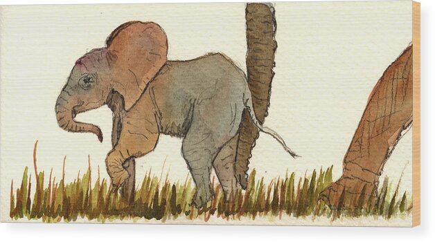 Elephant Wood Print featuring the painting Baby elephant by Juan Bosco