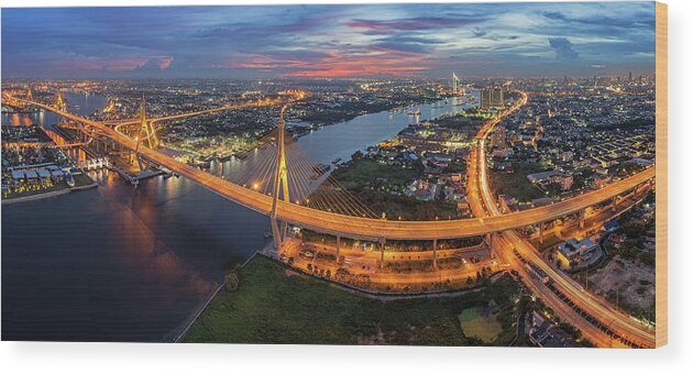 Bhumibol Bridge Wood Print featuring the photograph Bangkok Panorama by Weerakarn Satitniramai