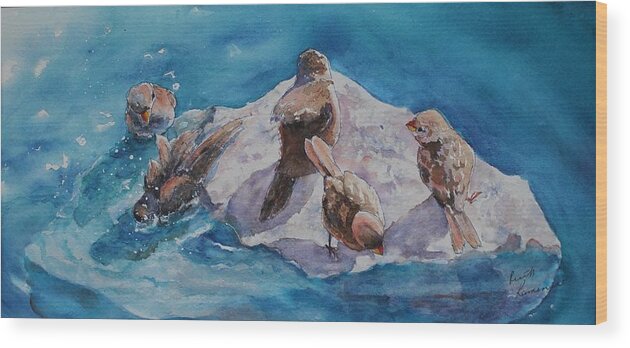 Sparrows Wood Print featuring the painting Bathtime by Ruth Kamenev