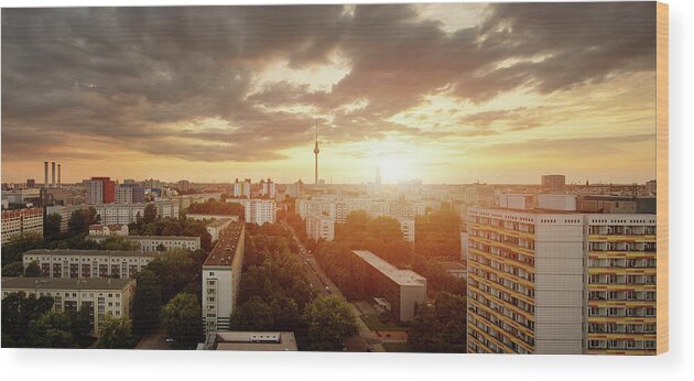 Tranquility Wood Print featuring the photograph Berlin Skyline At Sunset With by Spreephoto.de